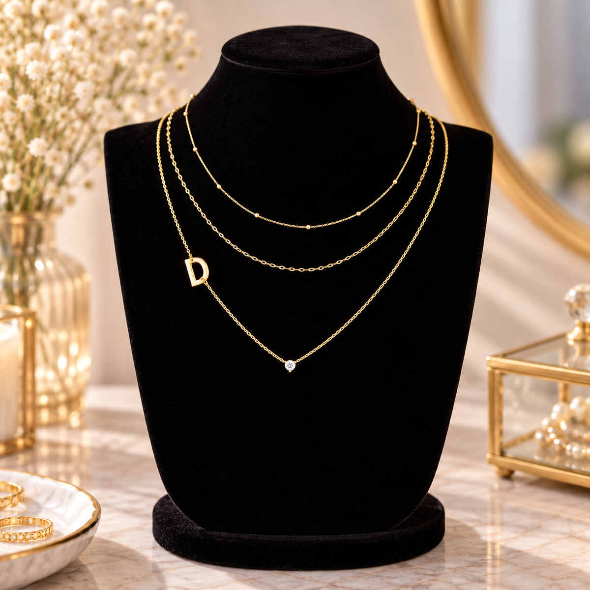 Triple Layer Initial Necklace Set