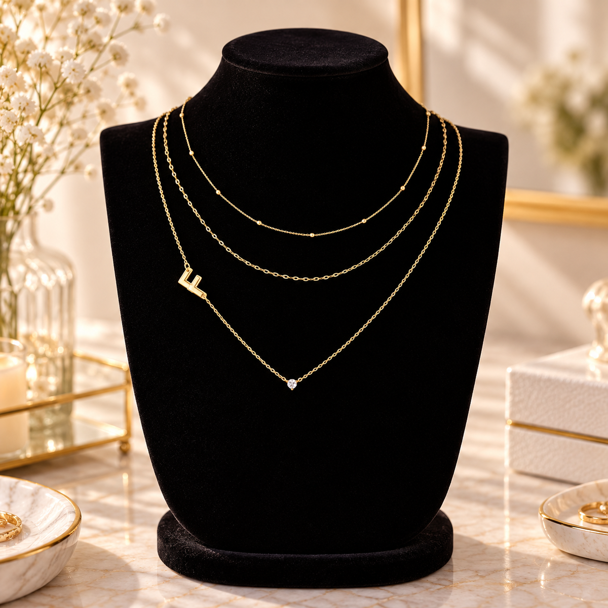 Triple Layer Initial Necklace Set